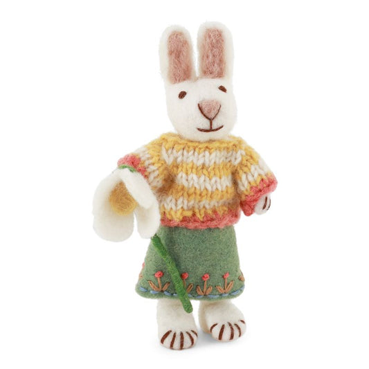 Handtovad Kanin Vit - Tjej med kjol och blomma